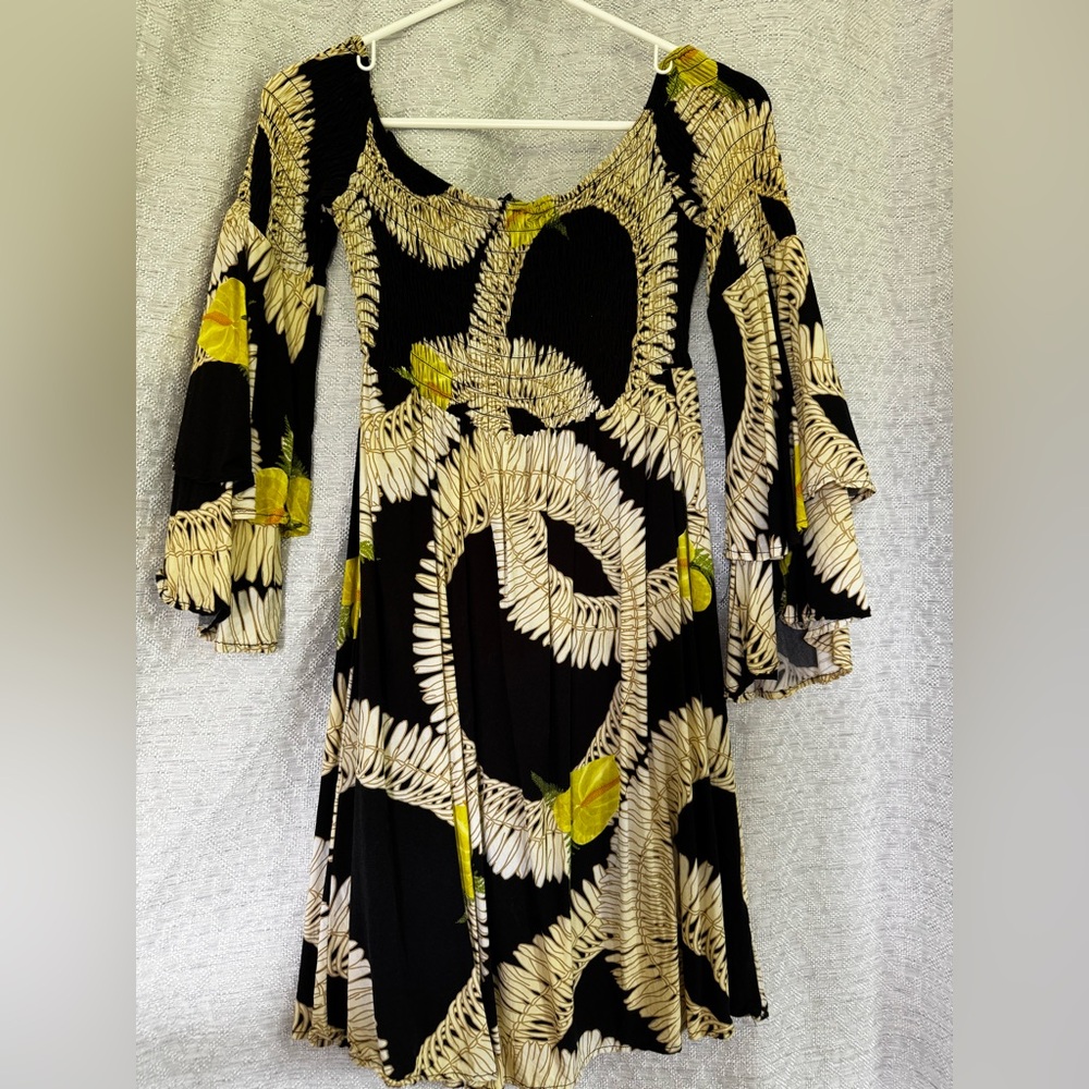 Women’s Black Long Sleeve Printed Swing Dress with Yellow Accents
